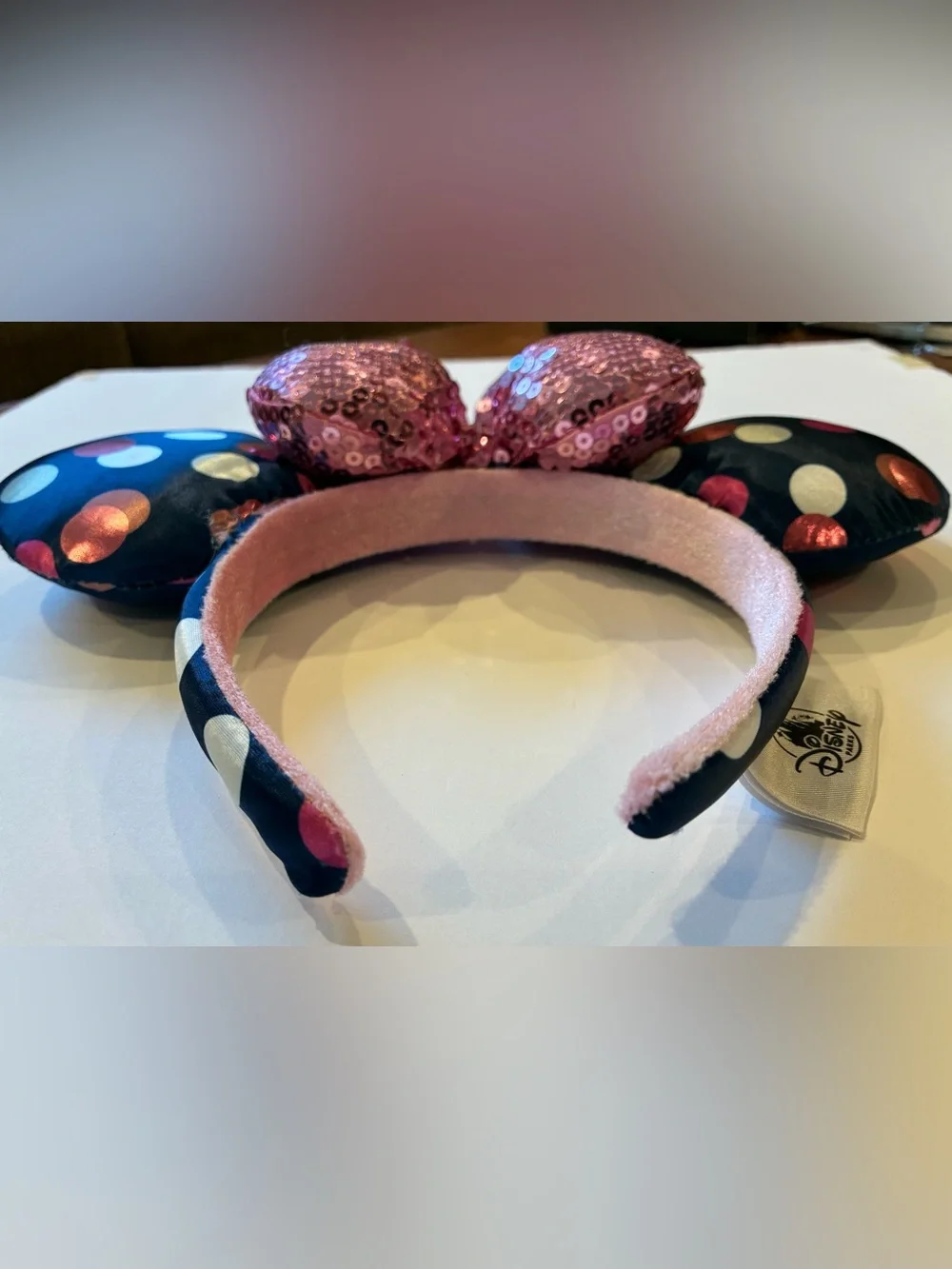 Disney Parks Minnie Mouse Ears Headband Navy Polka Dot Pink Sequin Bow
